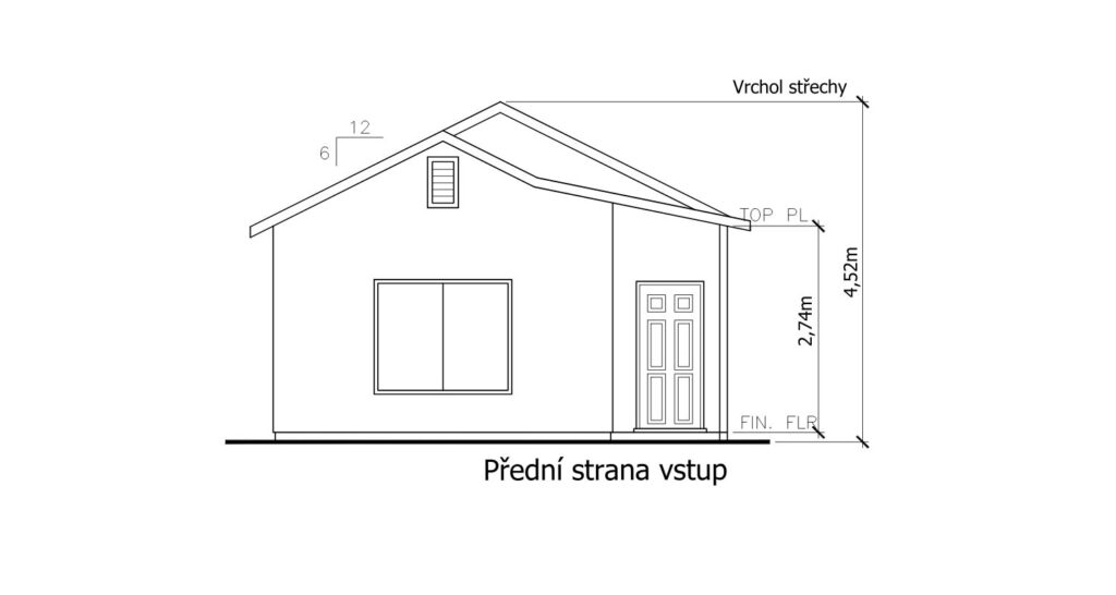 Technický nákres přední strany pasivního domku 1+1 o rozloze 71 m².